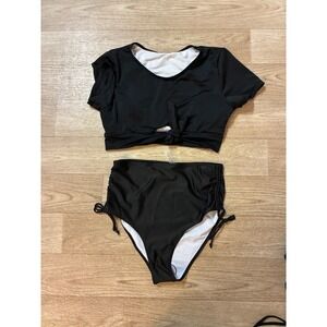 Black Two Piece Bikini Set Short Sleeve Tie Front Crop Top High Waist Bottom 0XL